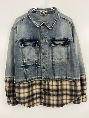 Gimmicks Denim & Plaid Shacket Jacket Women’s L Oversized Distressed Raw Hem